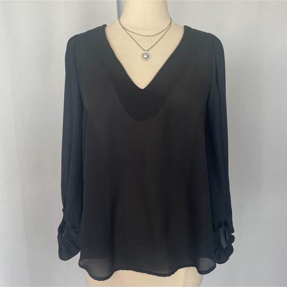 Flowy Blouse Top Size Small Black Solid Sheer Chiffon Peasant Minimal Office - Picture 1 of 13